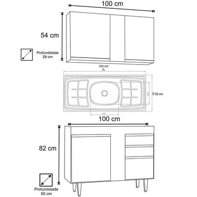 Armário Aéreo Indiana E Balcão Gabinete 100cm Com Pia Inox Luziania Castanho-preto - Lumil