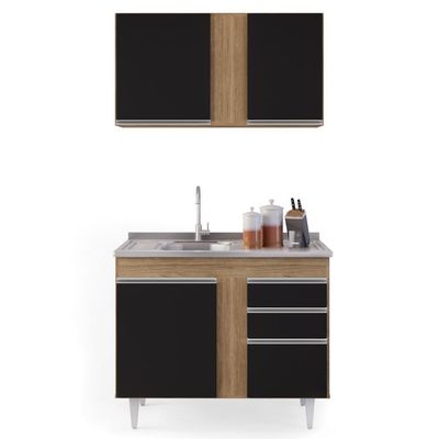 Armário Aéreo Indiana E Balcão Gabinete 100cm Com Pia Inox Luziania Castanho-preto - Lumil