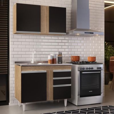Armário Aéreo Indiana E Balcão Gabinete 100cm Com Pia Inox Luziania Castanho-preto - Lumil