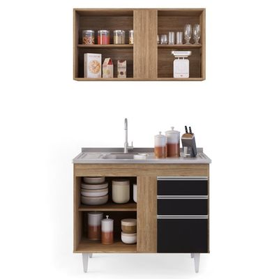 Armário Aéreo Indiana E Balcão Gabinete 100cm Com Pia Inox Luziania Castanho-preto - Lumil