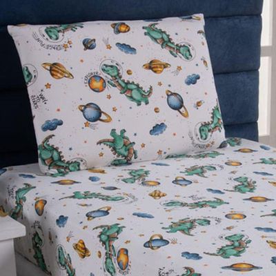 Jogo De Lençol Fantasy Infantil Solteiro 02 Peças Malha 100% Algodão - Dinossauro Astronauta