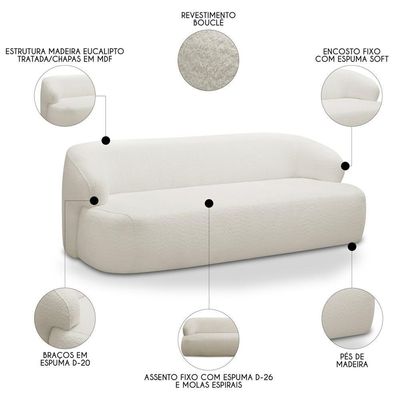 Sofá 3 Lugares Sala Orgânico 180cm Donk L08 Boucle Off White - Mpozenato