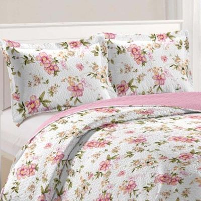 Kit Cobre Leito Colcha Daily Queen 3 Peças Dupla Face Estampado Floral - Floral 19 - 100% Poliéster