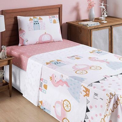 Jogo De Lençol Carrosel Solteiro 3 Peças Infantil Estampado Divertido - Princesa - 100% Poliéster