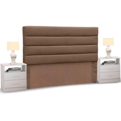 Cabeceira Cama Casal 140cm Greta Dm1 Suede E 2 Mesas De Cabeceira Branco - Mpozenato Suede Preto
