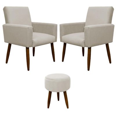 Kit 2 Poltronas Com Puff Redondo Para Sala Nina Bege