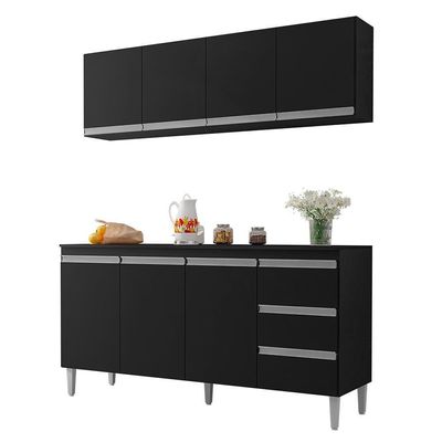 Kit De Cozinha Andréia Balcão 160cm Preto Com Tampo Mdp E Aéreo - Ajl Móveis Preto