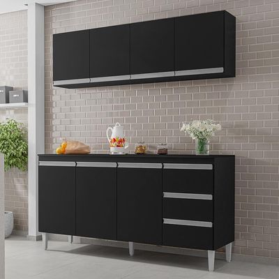 Kit De Cozinha Andréia Balcão 160cm Preto Com Tampo Mdp E Aéreo - Ajl Móveis Preto