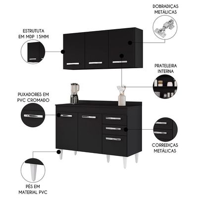 Armário Aéreo Honduras E Balcão Gabinete Com Tampo 120cm Suécia Preto - Lumil