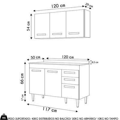 Armário Aéreo Honduras E Balcão Gabinete Com Tampo 120cm Suécia Preto - Lumil