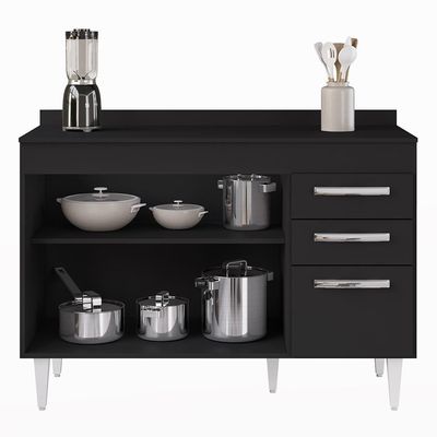 Balcão Gabinete Para Pia 120cm 3 Portas Com Tampo Suécia Preto - Lumil