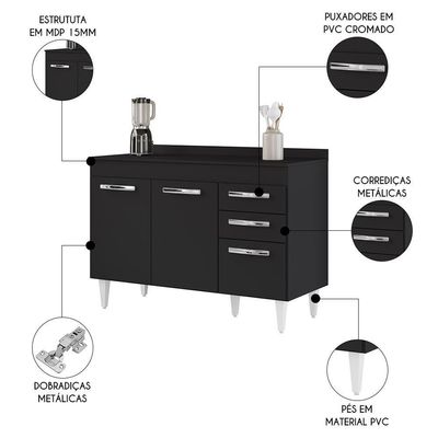Balcão Gabinete Para Pia 120cm 3 Portas Com Tampo Suécia Preto - Lumil