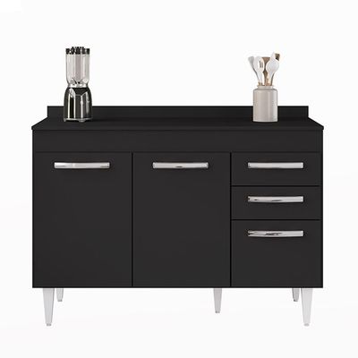Balcão Gabinete Para Pia 120cm 3 Portas Com Tampo Suécia Preto - Lumil