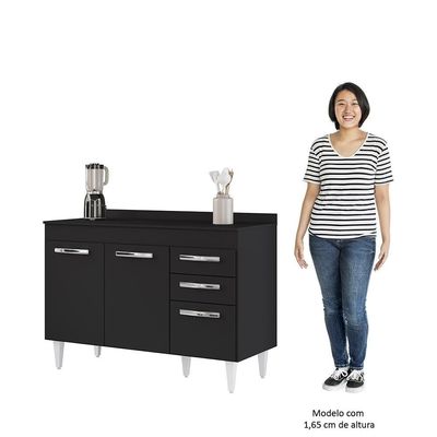 Balcão Gabinete Para Pia 120cm 3 Portas Com Tampo Suécia Preto - Lumil