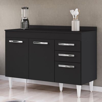 Balcão Gabinete Para Pia 120cm 3 Portas Com Tampo Suécia Preto - Lumil