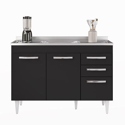 Balcão Gabinete Com Pia Inox 120cm 3 Portas 2 Gavetas Suécia Preto - Lumil