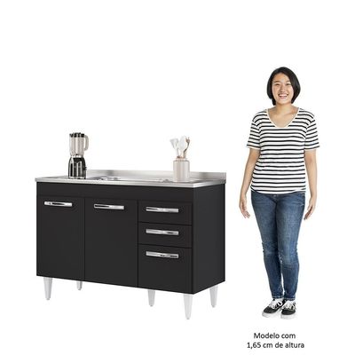 Balcão Gabinete Com Pia Inox 120cm 3 Portas 2 Gavetas Suécia Preto - Lumil