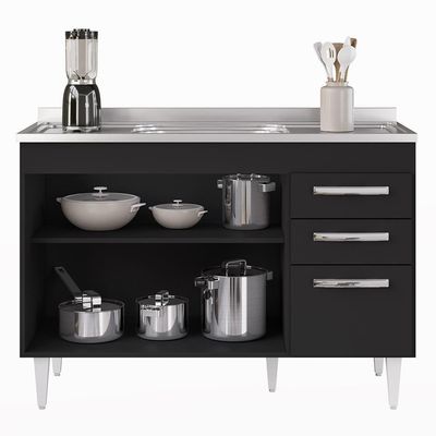 Balcão Gabinete Com Pia Inox 120cm 3 Portas 2 Gavetas Suécia Preto - Lumil