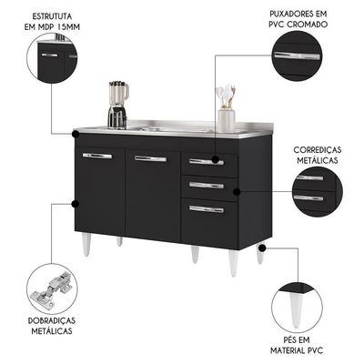 Balcão Gabinete Com Pia Inox 120cm 3 Portas 2 Gavetas Suécia Preto - Lumil
