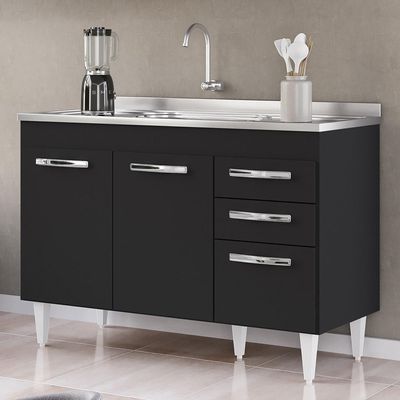 Balcão Gabinete Com Pia Inox 120cm 3 Portas 2 Gavetas Suécia Preto - Lumil