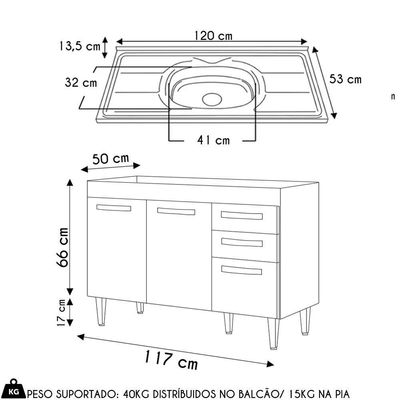 Balcão Gabinete Com Pia Inox 120cm 3 Portas 2 Gavetas Suécia Preto - Lumil