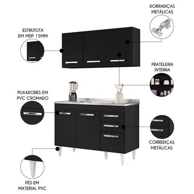 Armário Aéreo Honduras E Balcão Gabinete Com Pia 120cm Suécia Preto - Lumil