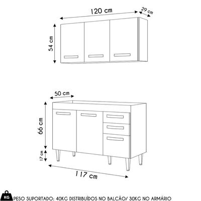 Armário Aéreo Honduras E Balcão Gabinete Sem Tampo 120cm Suécia Preto - Lumil
