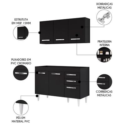 Armário Aéreo Honduras E Balcão Gabinete Sem Tampo 120cm Suécia Preto - Lumil