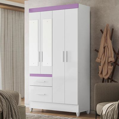 Guarda Roupa Solteiro Madri 4 Portas E 2 Gavetas Flex Branco/lilás Com Espelho - Moval