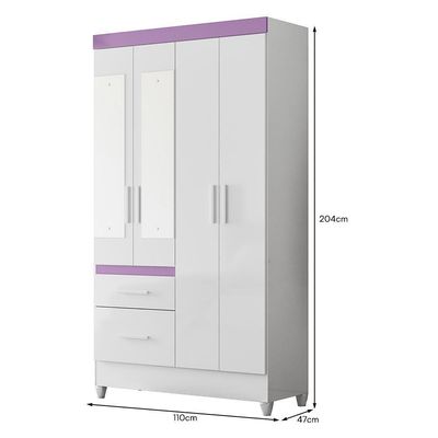 Guarda Roupa Solteiro Madri 4 Portas E 2 Gavetas Flex Branco/lilás Com Espelho - Moval