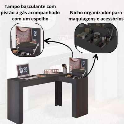 Penteadeira Escrivaninha Em L Com Espelho Organizador Lilie preto
