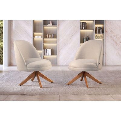 Conjunto Poltronas Decorativa Lilli Off White Com Base Giratória Em Madeira