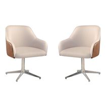 Conjunto Poltronas Decorativa Hera Linho Nude Couro Caramelo Com Base Giratória Em Alumínio