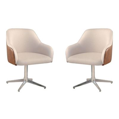 Conjunto Poltronas Decorativa Hera Linho Nude Couro Caramelo Com Base Giratória Em Alumínio