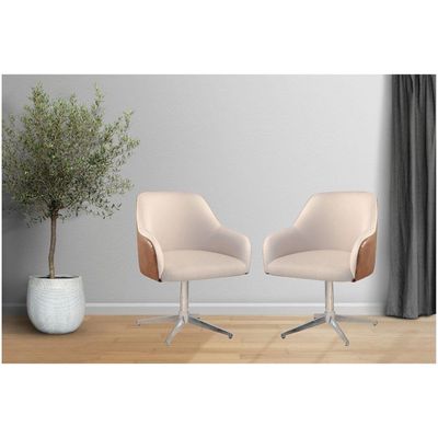 Conjunto Poltronas Decorativa Hera Linho Nude Couro Caramelo Com Base Giratória Em Alumínio