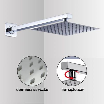 Ducha Quadrada Slim 20x20cm Com Braço 40cm Inox Prata Domum