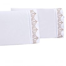 Jogo Lençol Queen Quarto Casal Bordado 3 Peças Branco Caqui