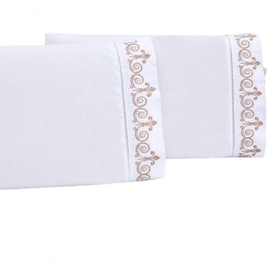 Jogo Lençol Queen Quarto Casal Bordado 3 Peças Branco Caqui