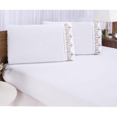 Jogo Lençol Queen Quarto Casal Bordado 3 Peças Branco Caqui
