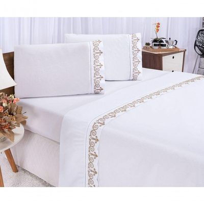 Jogo Lençol Atenas Quarto Casal Padrão Bordado 4 Peças 2fronha Cor: Branco Com Rose