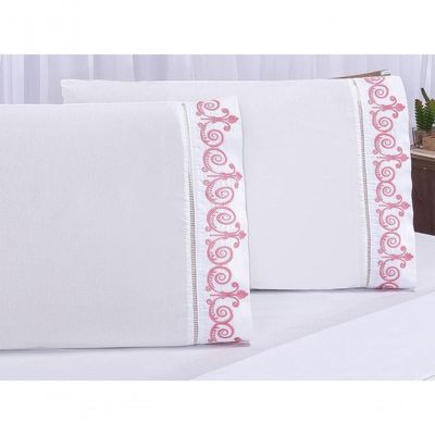 Jogo Lençol Atenas Quarto Casal Padrão Bordado 4 Peças 2fronha Cor: Branco Com Rose