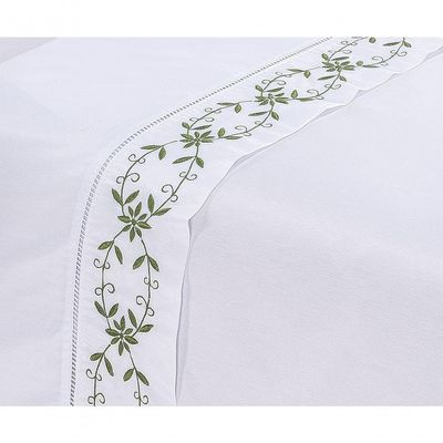 Jogo Lençol Veneza Quarto Casal Queen Bordado 4 Peças 2fronha Cor: Branco Com Verde Musgo
