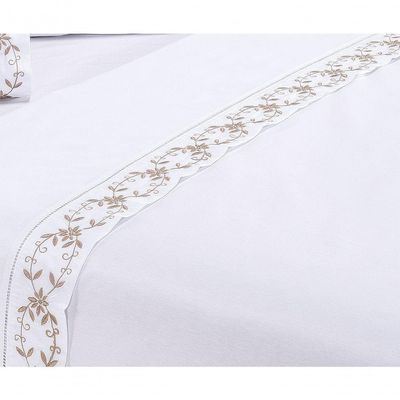 Jogo Lençol Veneza Quarto Casal Queen Bordado 4 Peças 2fronha Cor:branco Com Caqui