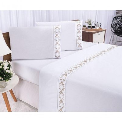 Jogo Lençol Veneza Quarto Casal Queen Bordado 4 Peças 2fronha Cor:branco Com Caqui