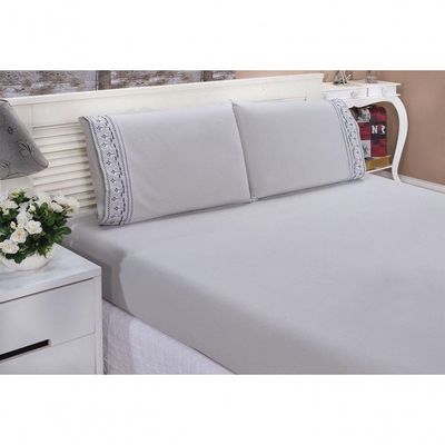 Jogo Lençol King Bordado 3 Peças Cinza Tulipa Quarto Casal.