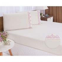Jogo Lençol Quarto Casal Queen Bordado 3peças Palha Com Rose