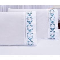 Jogo Lençol Padrão Casal Bordado 3 Peças Branco Azul Veneza