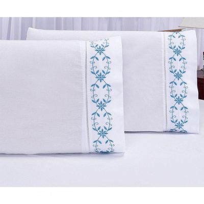 Jogo Lençol Padrão Casal Bordado 3 Peças Branco Azul Veneza