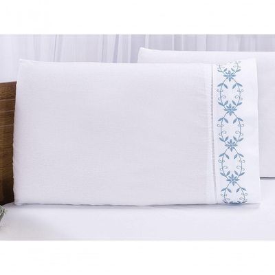 Jogo Lençol Padrão Casal Bordado 3 Peças Branco Azul Veneza