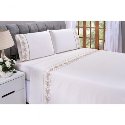 Jogo Lençol Floral Quarto Casal King Bordado 4 Peças 2fronha Cor: Palha Com Caqui
